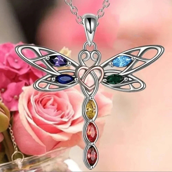 1 LEFT! Silver Colorful Rhinestone Dragonfly Necklace - Picture 4 of 5